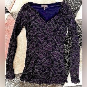 HALE BOB || Long Sleeve Fitted V-Neck in Deep Violet Sheer Lace - SZ Small